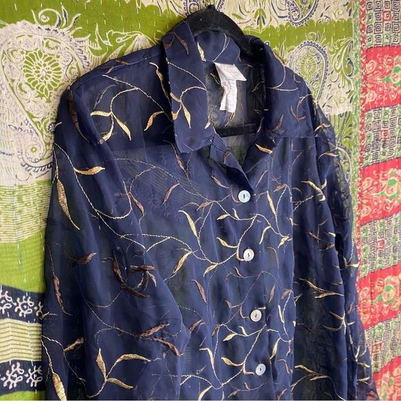 🚨FINAL OFFER Moda International Black Sheer Button Down Top Size Large - Picture 4 of 16